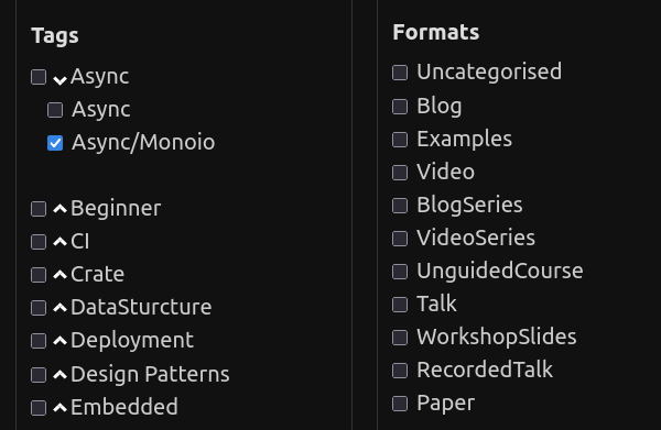 Image showing what the tags and format options look like on thw webpage